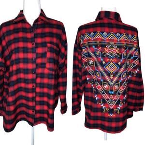 Umgee Embroidered Flannel Button Down Shirt Sz: M Women's Aztec Plaid Oversized